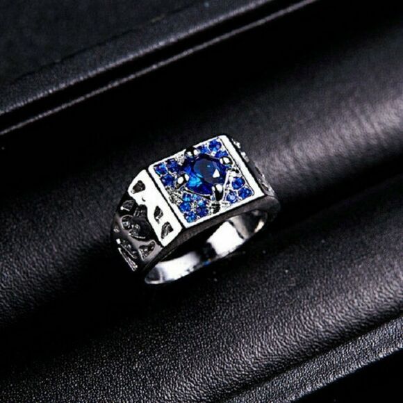 Blue Sapphire White Rhodium Plated Ring - Picture 1 of 2
